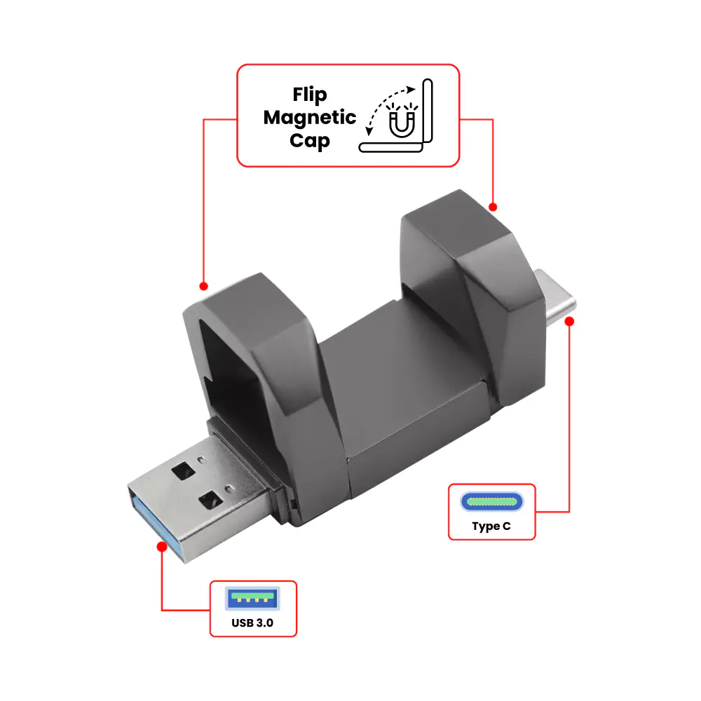 OTG USB Flip in Gun Metal 32GB V. 3.0 Type C Flip Magnetic Cap Gun_Metal