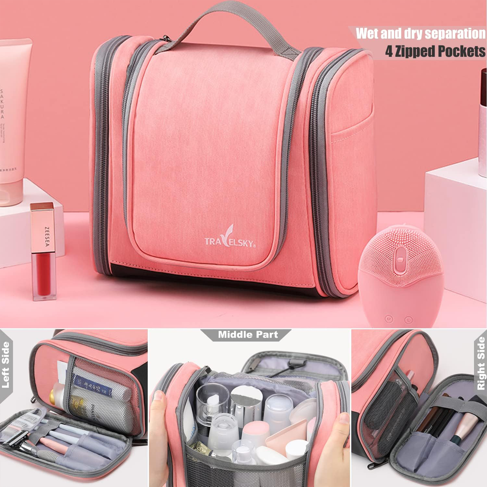 Large Capacity Hanging Toiletry Bag-Pink
