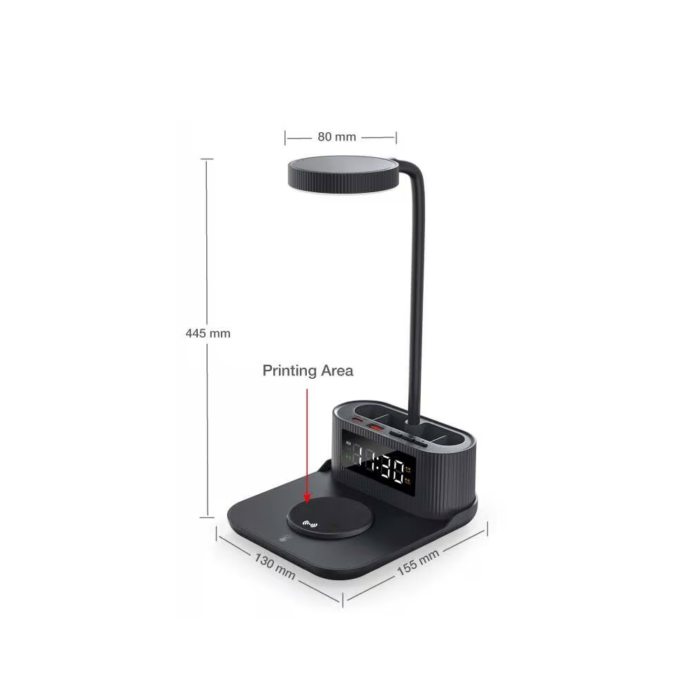 Desk Lamp with 15W Wireless Charger, Clock and Pen Holder