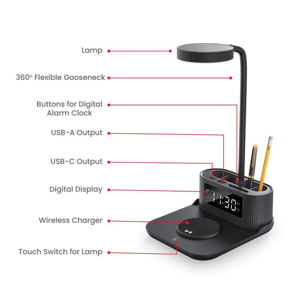 Desk Lamp with 15W Wireless Charger, Clock and Pen Holder
