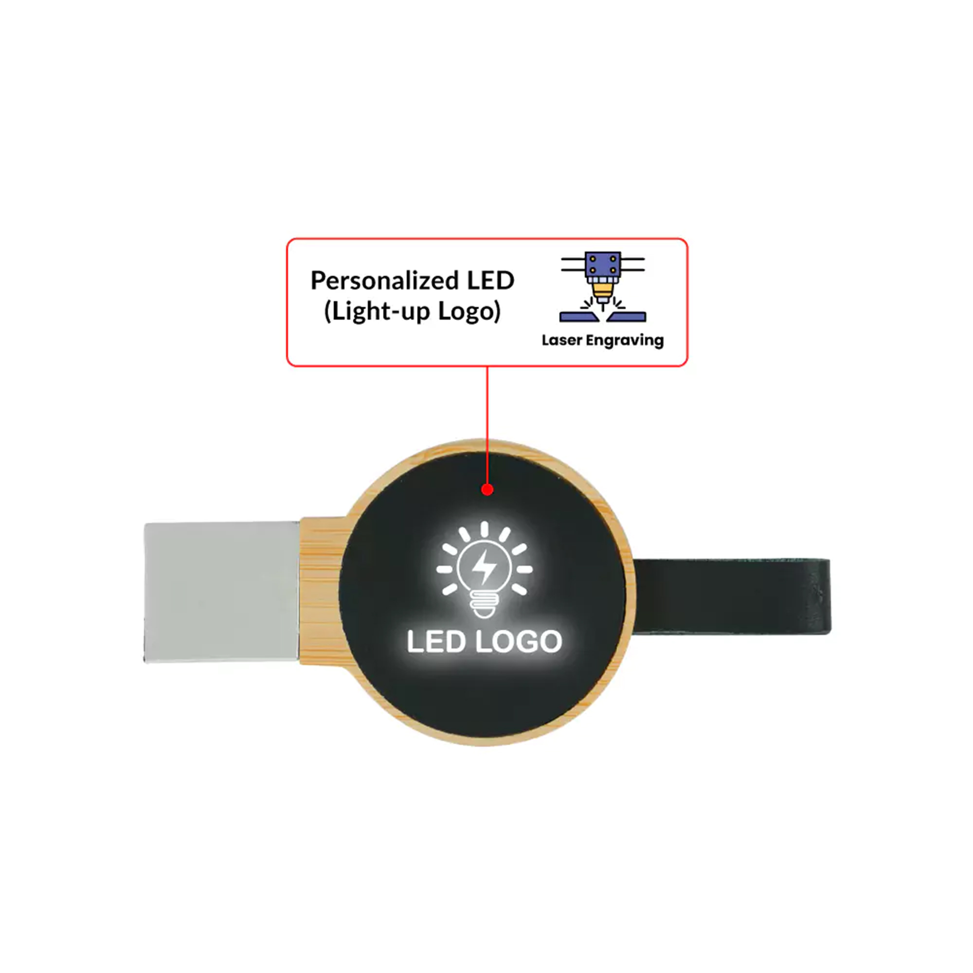 Bamboo Round LED Logo USB with Strap 64GB V. 3.0