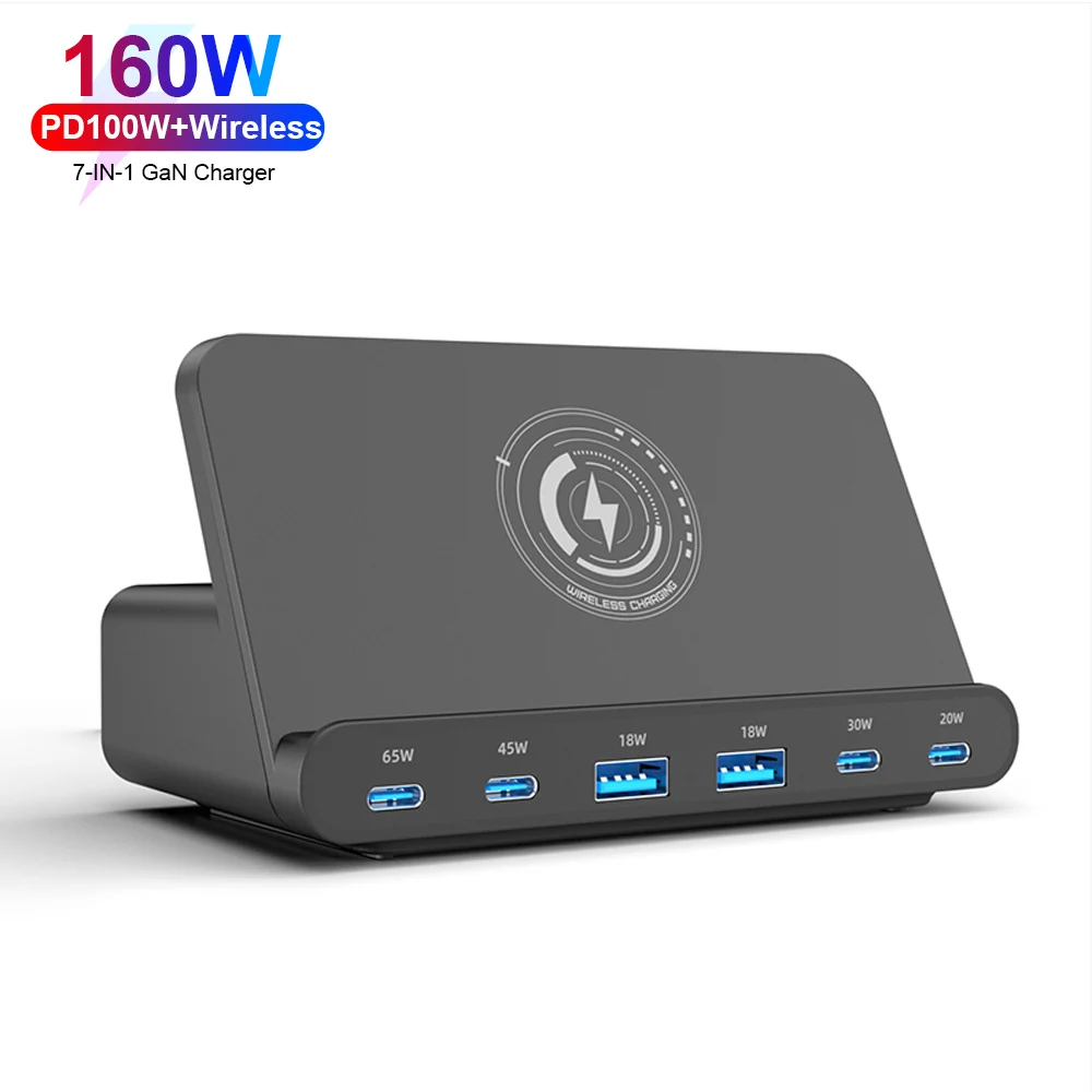 65W Charger Stand Block PPS PD Charging 4C2A Port with 15W Wireless Chargers