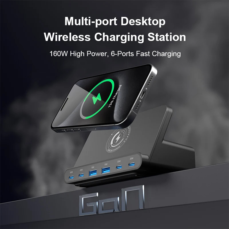 65W Charger Stand Block PPS PD Charging 4C2A Port with 15W Wireless Chargers