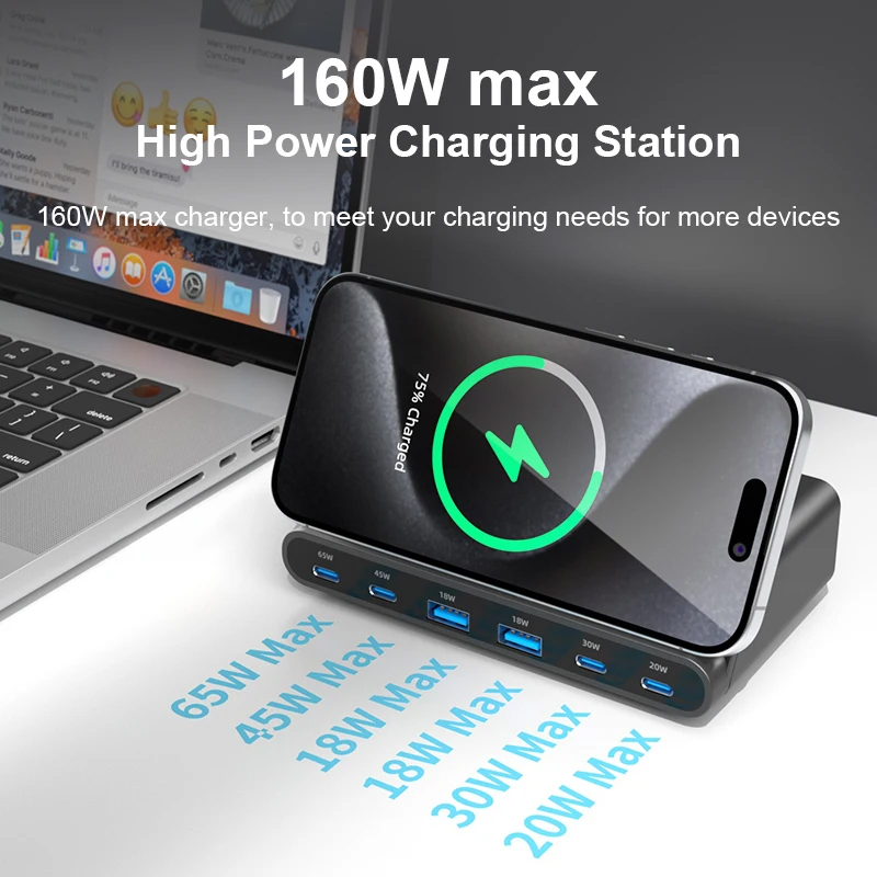65W Charger Stand Block PPS PD Charging 4C2A Port with 15W Wireless Chargers