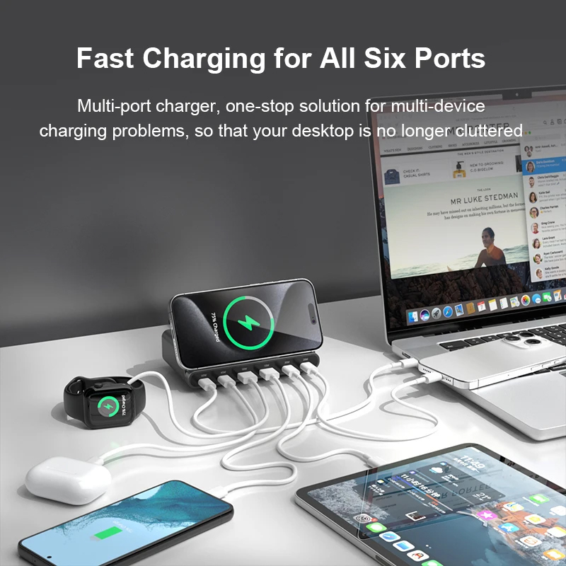 65W Charger Stand Block PPS PD Charging 4C2A Port with 15W Wireless Chargers