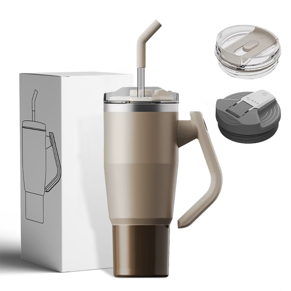 Tumbler Cups Double Walled Stainless Steel Insulated Travel Mug with Handle-Brown