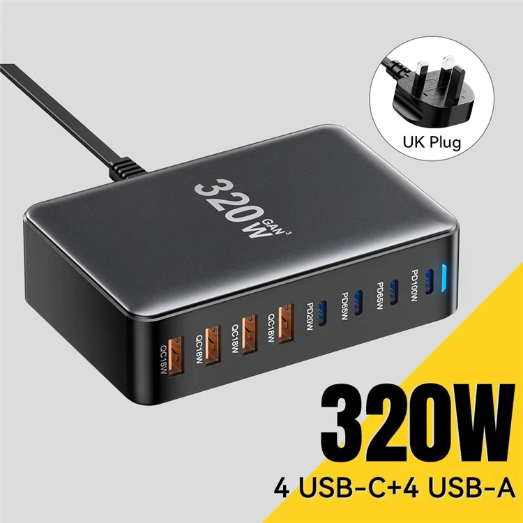 ESSAGER 320W GaN 4 USB + 4 Type-C Ports Desktop Charger