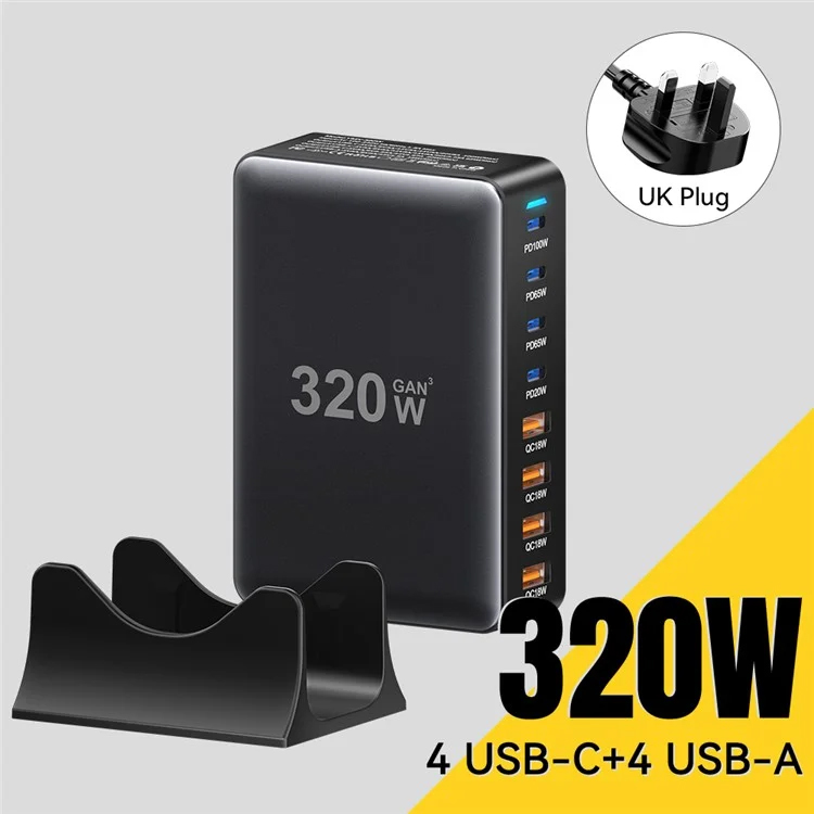 ESSAGER 320W GaN 4 USB + 4 Type-C Ports Desktop Charger