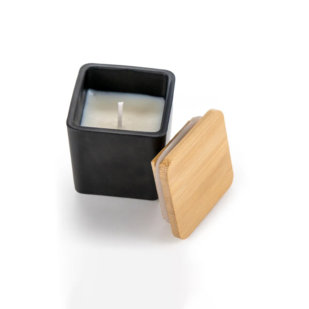 Scented Candle in Square Glass Bottle, Bamboo Lid, Oakmoss & Amber Scent