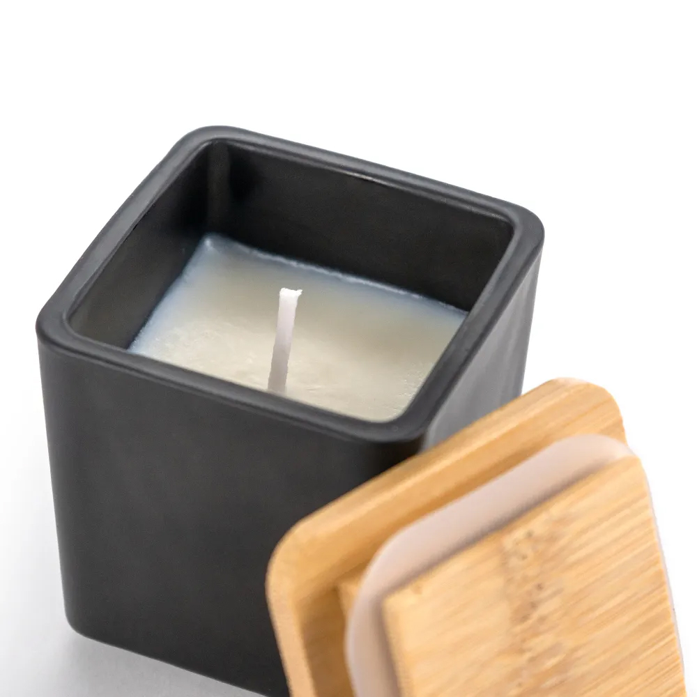 Scented Candle in Square Glass Bottle, Bamboo Lid, Oakmoss & Amber Scent