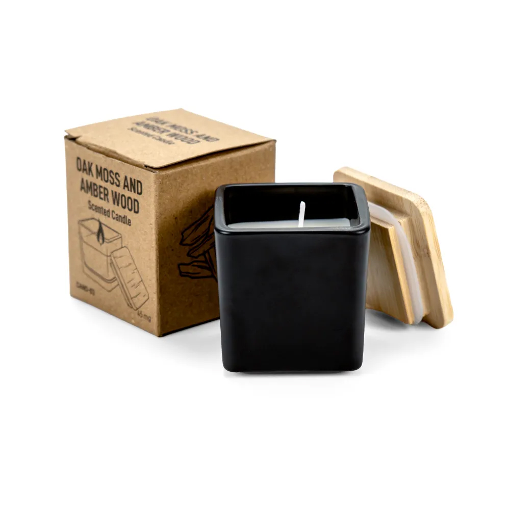 Scented Candle in Square Glass Bottle, Bamboo Lid, Oakmoss & Amber Scent