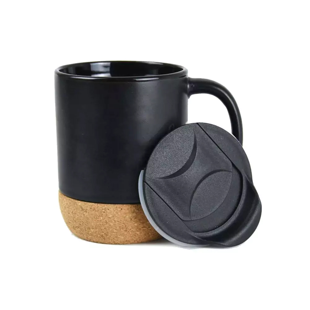 Ceramic Mugs with Lid and Cork Base 385 ml-Black