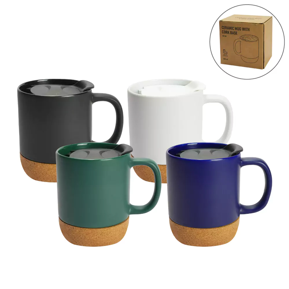 Ceramic Mugs with Lid and Cork Base 385 ml-Black