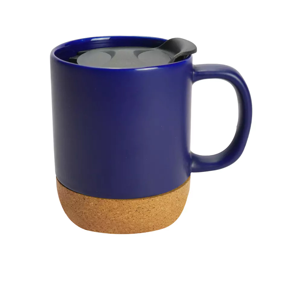 Ceramic Mugs with Lid and Cork Base 385 ml-Blue