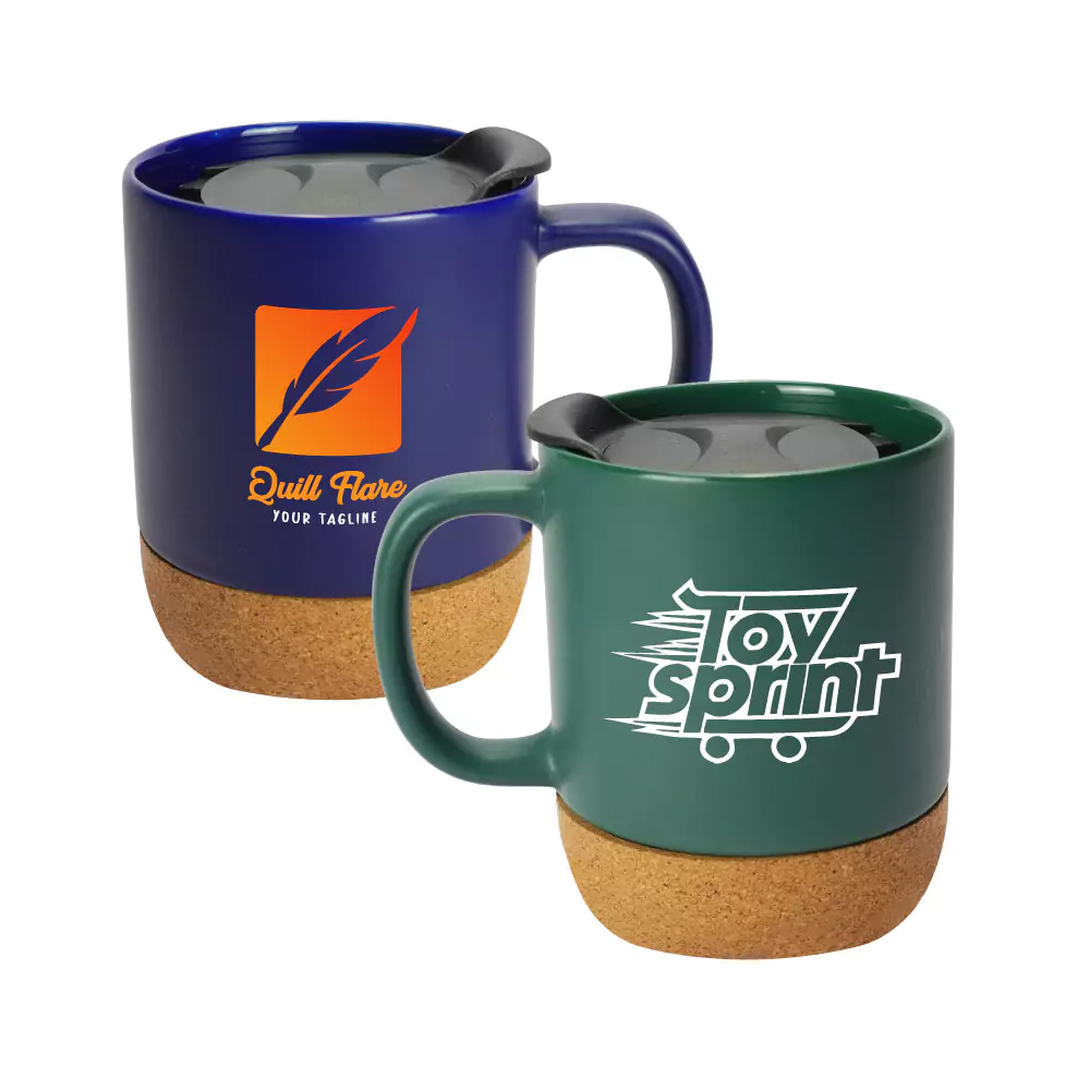 Ceramic Mugs with Lid and Cork Base 385 ml-Green