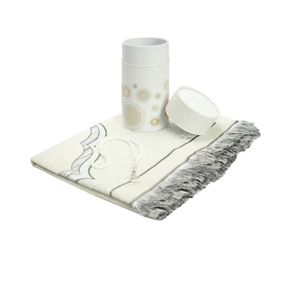 Prayer Mat with Tasbih in Tubular Box Best Ramadan Gifts-White