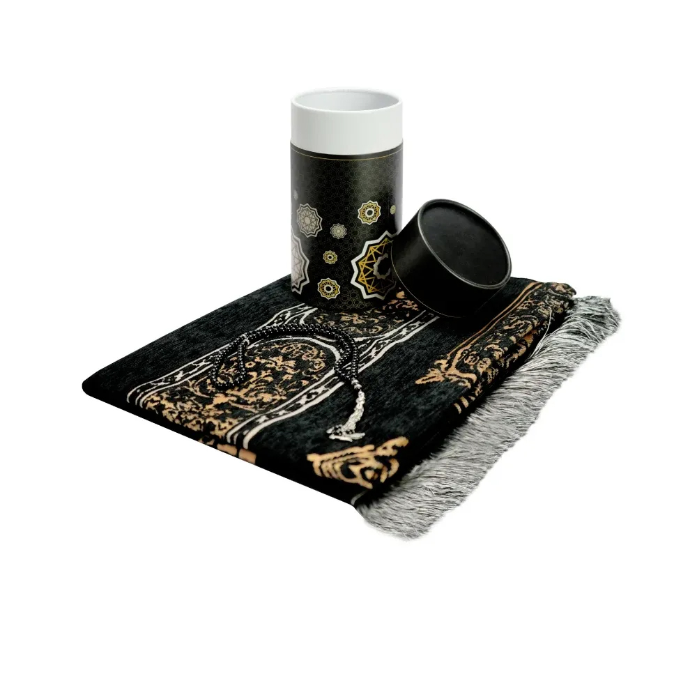 Prayer Mat with Tasbih in Tubular Box Best Ramadan Gifts-Black