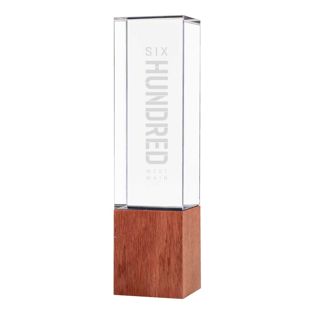 Cuboid Shaped Crystal Awards with Wooden Base - alternate view