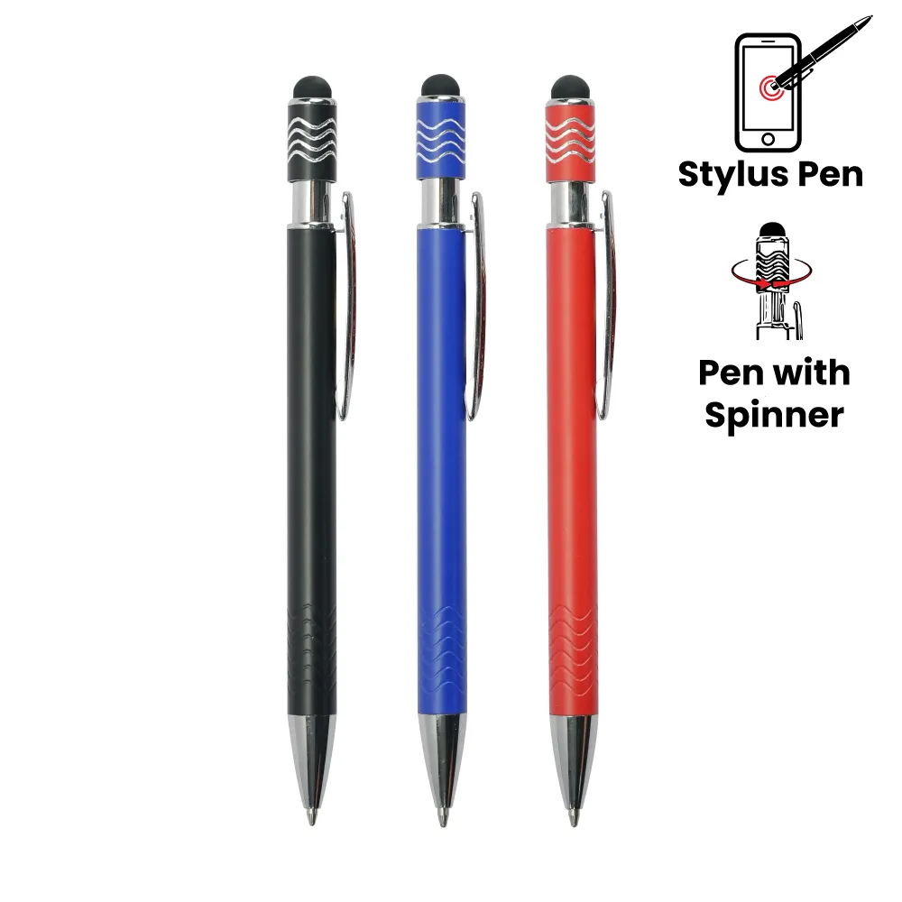 Stylus Metal Pens with Wave Design Top Spinner (Blue Ink)