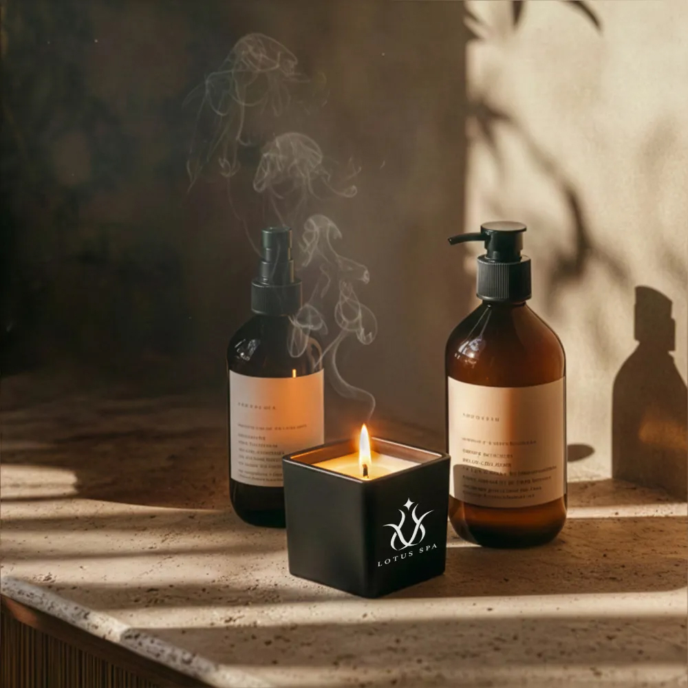 Scented Candle in Square Glass Bottle, Bamboo Lid, Oakmoss & Amber Scent