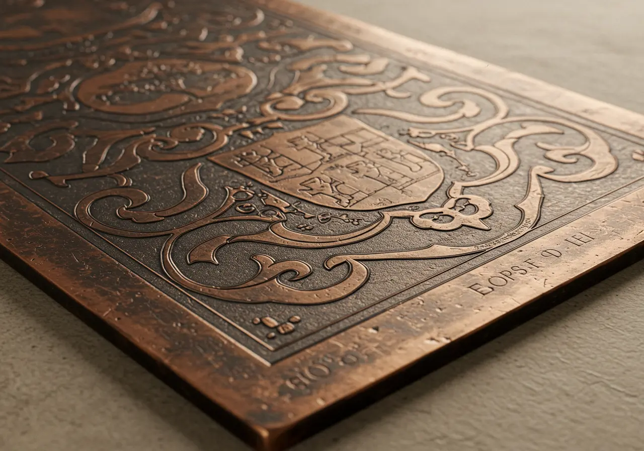 Metal commemorative plaque with etched design