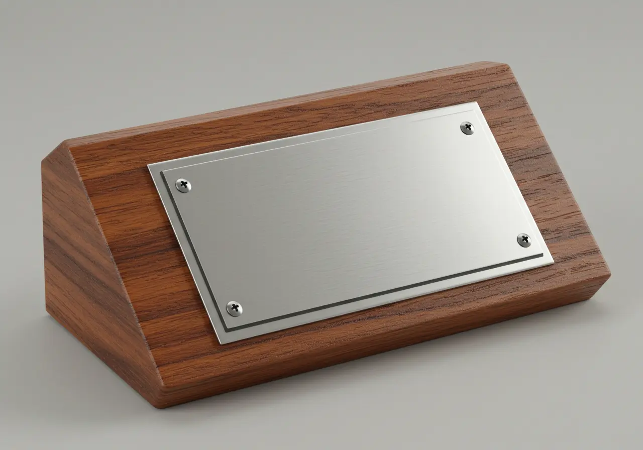 Wooden recognition plaque with metal plate