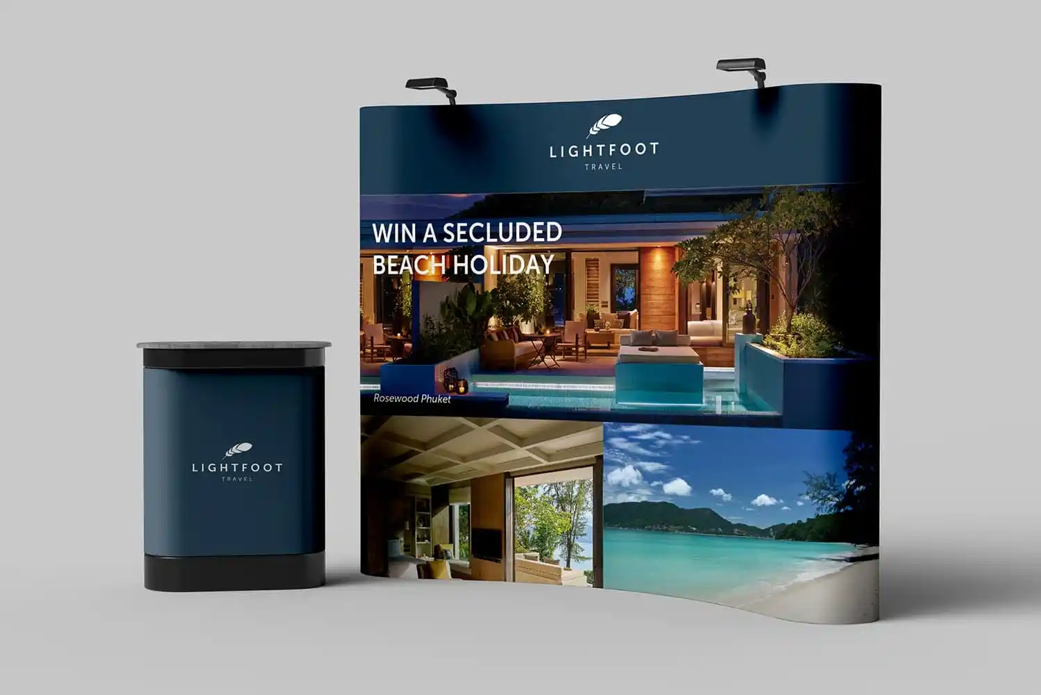Conference popup stand with curved design