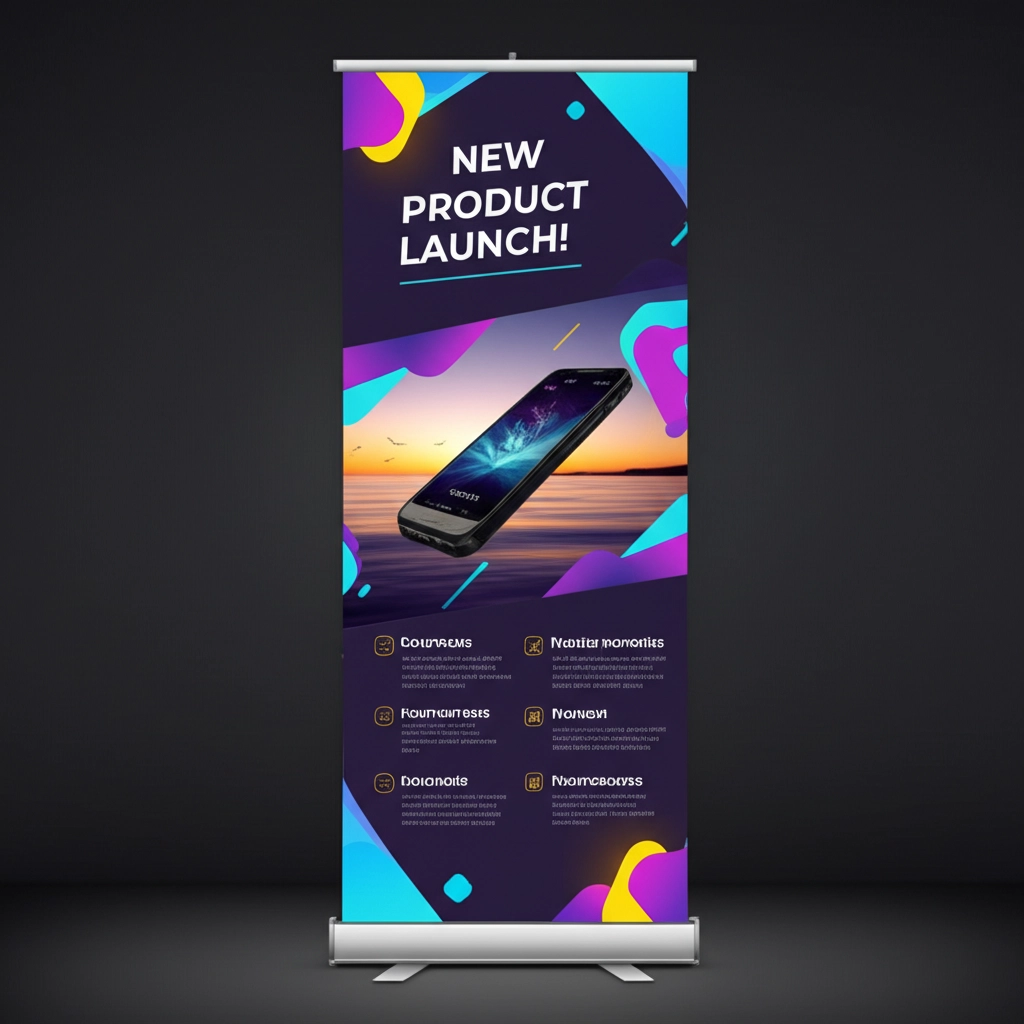 Product launch roll up display with promotional graphics
